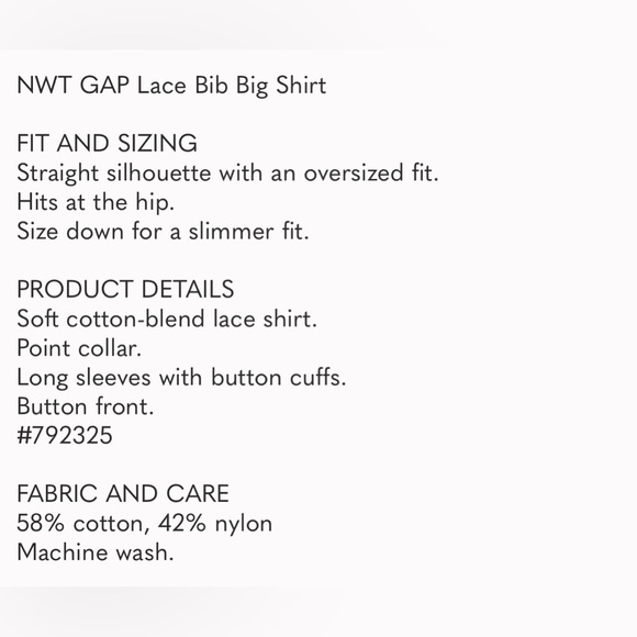 NWT GAP Lace Bib Big Shirt - Picture 3 of 3